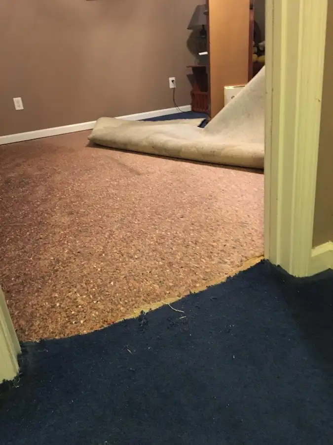 Carpet pad removal revealing water damage during Drying & Dehumidification in Big Rapids